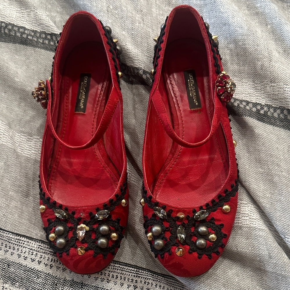 Dolce & Gabbana Red Embellished Vintage Flats